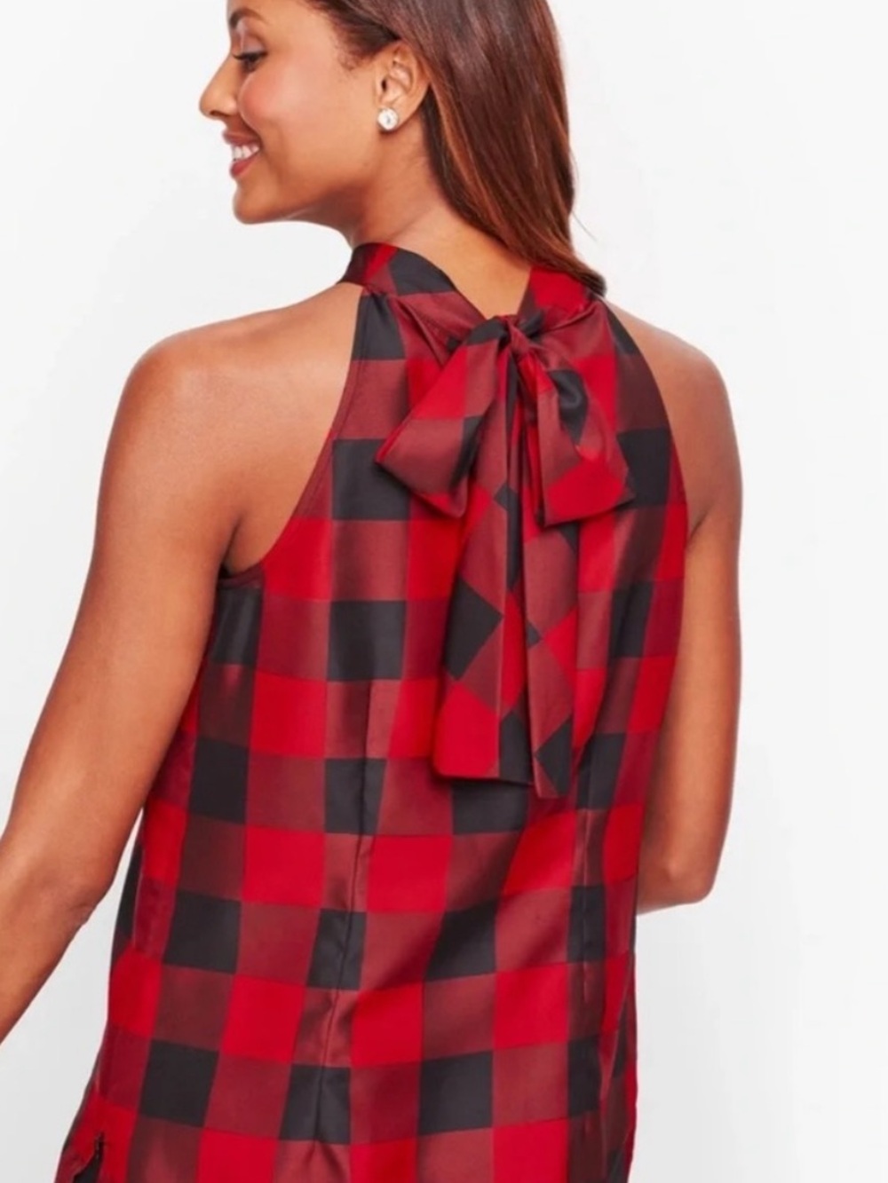 Talbots Red &Black taffeta Buffalo Plaid Sleeveless Top bow at back neck size 2